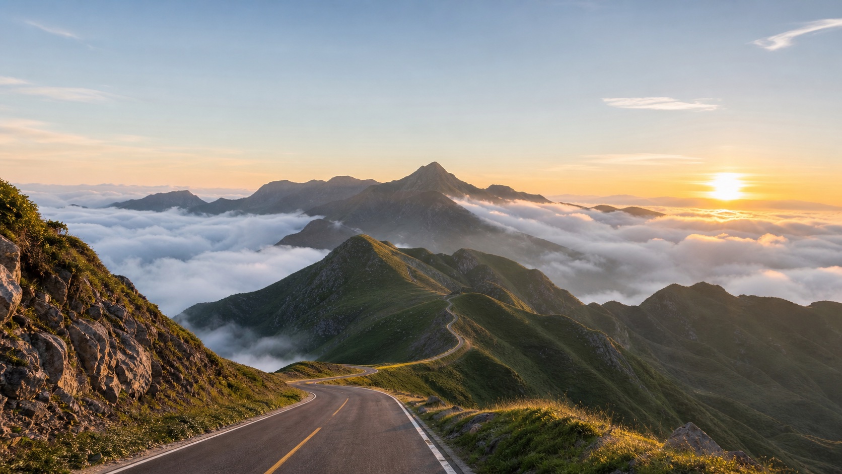 清晨山路穿过云海，延伸向被晨光照亮的群山